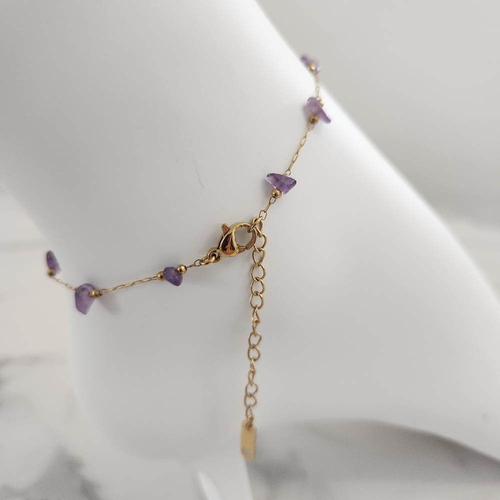 Minimalist Purple Dainty Stones 18K Gold Plated Anklet - Picture 9 of 15